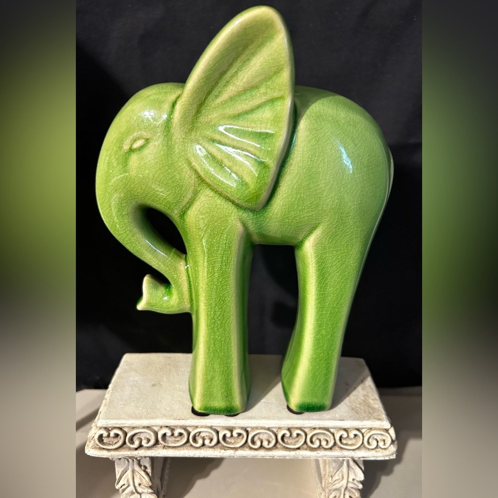 Tall Standing Ceramic Elephant Figurine - Green